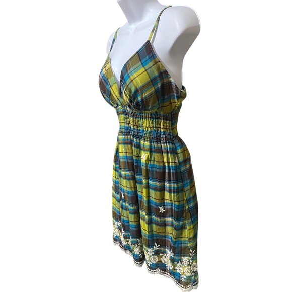 She's Cool Sundress L Short Babydoll Mini Plaid Embroidered Y2K Fairy Boho Fest - Picture 4 of 11